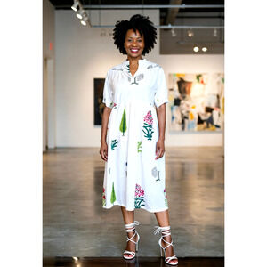 Hibiscus Linens White Botanical Print Cotton Dress Fully Lined with Pocket S
